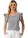 Allegra K チェックトップスカジュアルブラウス 夏 ギンガム スクエアネック 可愛い フリルスリーブ レディース ブラック L