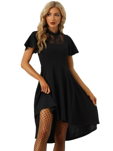 Allegra K ミディドレス レースワンピース フラッタースリーブ メッシュ ハイトネック カジュアル レディース ブラック XS Allegra K ミディドレス レースワンピース フラッタースリーブ メッシュ ハイトネック カジュアル レディース ブラック XS