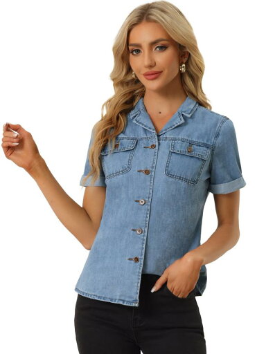 Allegra K ボタンアップ シャツ デニム シャツ 襟付き 半袖 胸ポケット レディース ライトブルー XL Allegra K ボタンアップ シャツ デニム シャツ 襟付き 半袖 胸ポケット レディース ライトブルー XL