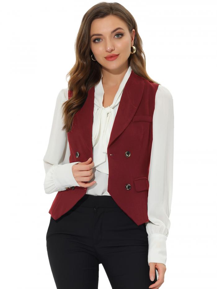 Allegra K ノースリーブスーツベスト エレガント チョッキ ダブルブレスト ショールラペル レディース ブルゴーニュ L