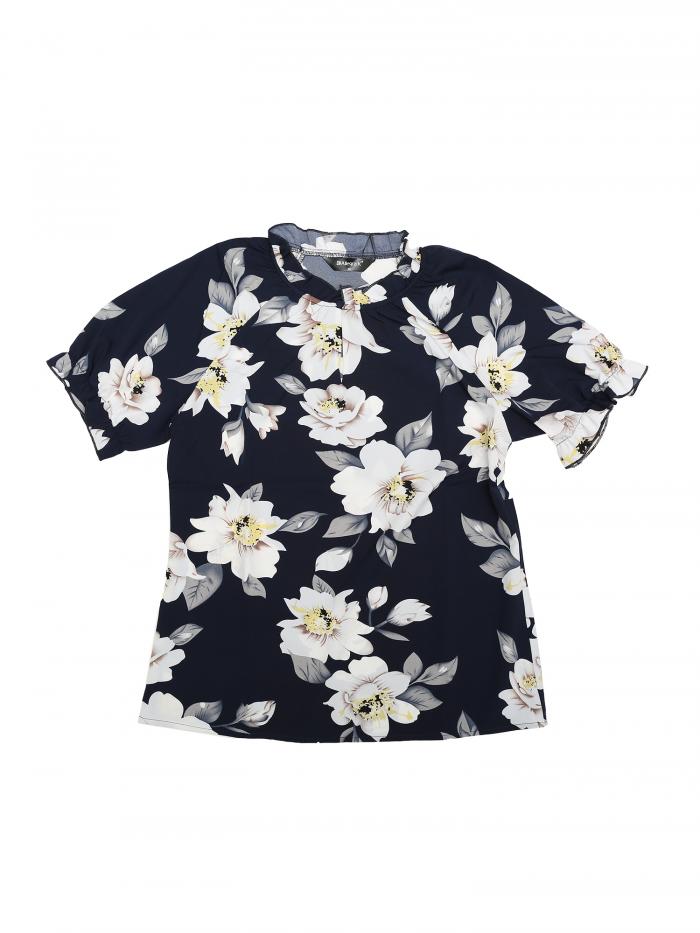 Allegra K 花柄 トップス ブラウス フリルネック モックネック 半袖 フローラル カジュアル レディース ダークブルー S