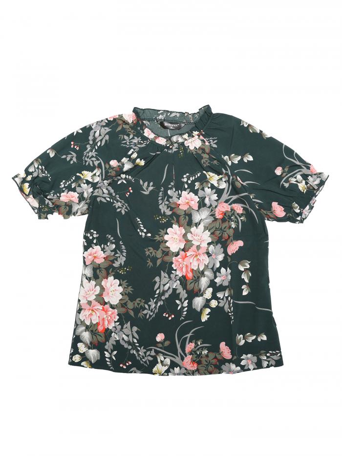 Allegra K 花柄 トップス ブラウス フリルネック モックネック 半袖 フローラル カジュアル レディース グリーン 花柄 M