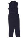 Allegra K レディース ジャンプスーツ セットアップ ノースリーブ ロングパンツ ワイドレッグ ベルト付き 無地 Vネック ダークブルー XL