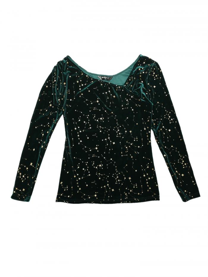 Allegra K 長袖シャツ ベルベット ブラウス スター 星座プリント柄 トップ オフショルダー セクシー パーティー レディース ダークグリーン S