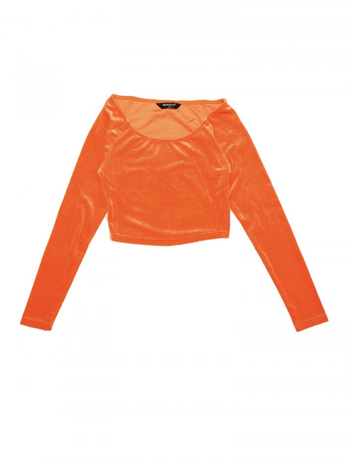 Allegra K ベルベット ロングスリーブ オフショルダー ソリッド クロップトップス レディース オレンジ XS