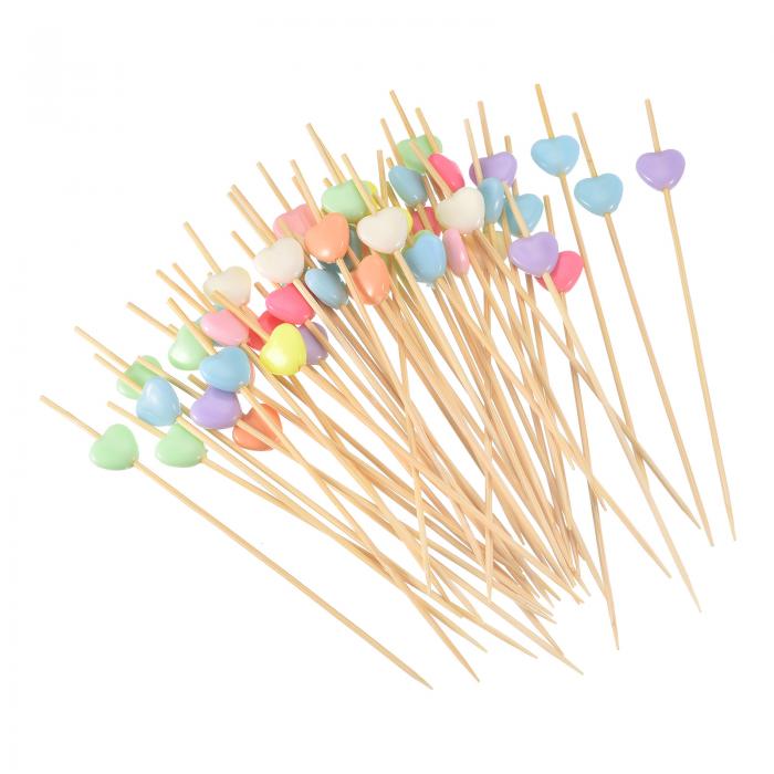 uxcell カクテルつまようじ 120 mm 竹 ハート 長いフルーツスティック飾り ファンシー カクテル串ピック ドリンク 前菜 フルーツ用 マルチカラー 100個