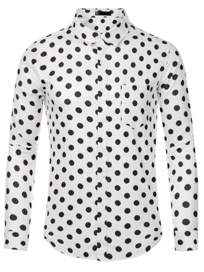 Lars Amadeus ドレスシャツ プリントシャツ 水玉 ポルカ 胸ポケット 折り襟 ボタンダウン 長袖 メンズ ホワイト 2XL