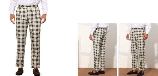 Lars Amadeus スーツパンツ ズボン フォーマル ギンガムチェック柄 ストレートフィット カジュアル メンズ カーキ 38