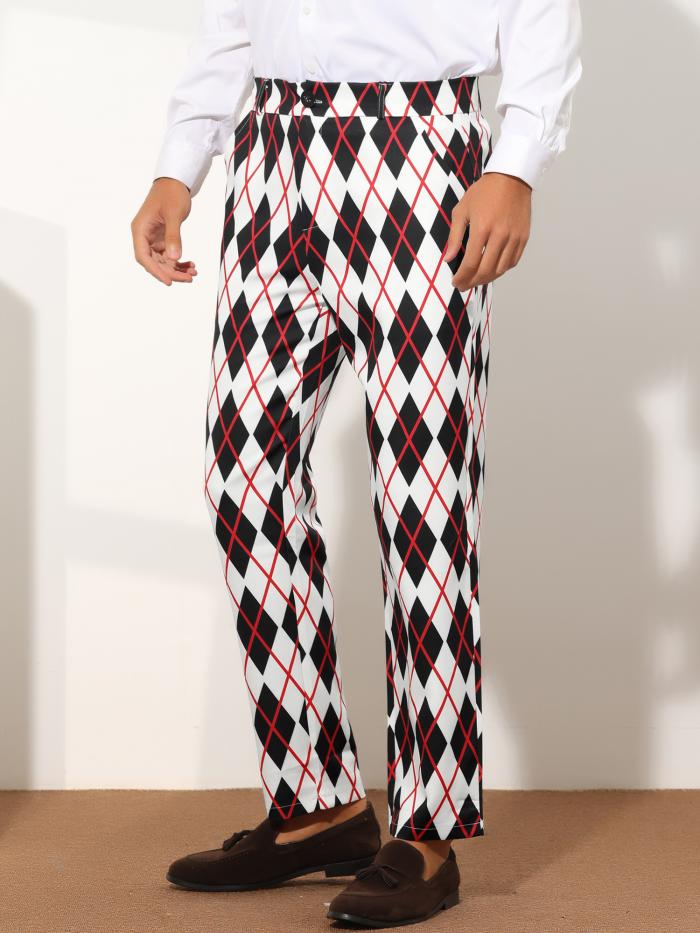 Lars Amadeus ロングパンツ ドレスパンツ チェック柄パンツ アーガイル 格子プリント メンズ ブラックホワイト 38