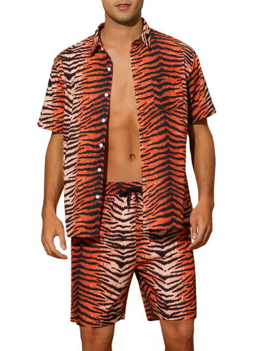 Lars Amadeus アクティブウェア アニマルプリントシャツ 半袖 ショートパンツ ヒョウ柄 虎柄 レオパード ハワイアン 2点セット 夏服 メンズ レッド L