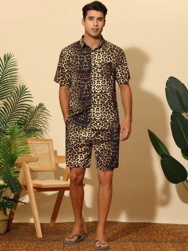 Lars Amadeus アクティブウェア アニマルプリントシャツ 半袖 ショートパンツ ヒョウ柄 虎柄 レオパード ハワイアン 2点セット 夏服 メンズ ブラウン 2XL