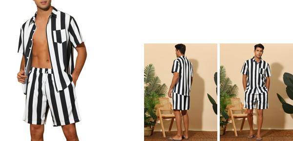 Lars Amadeus スポーツウェア ストライプ ビーチ ハワイアン 半袖シャツ ショーツ セット スーツ 上下セット おしゃれ メンズ ブラックホワイト M