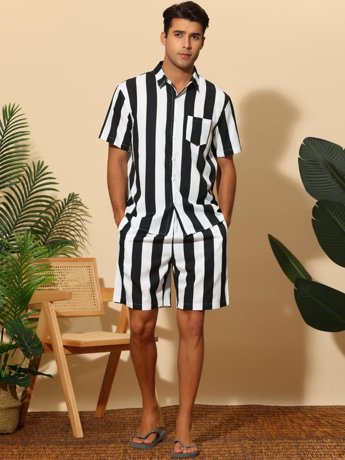 Lars Amadeus スポーツウェア ストライプ ビーチ ハワイアン 半袖シャツ ショーツ セット スーツ 上下セット おしゃれ メンズ ブラックホワイト M