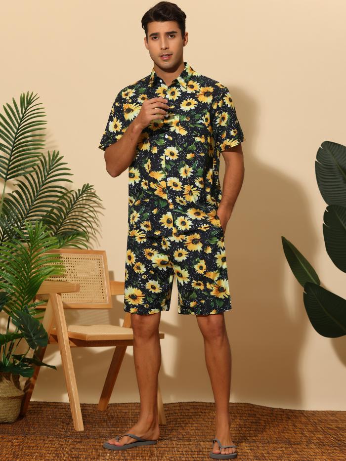 Lars Amadeus サマーシャツ ショートパンツ スポーツウェア 半袖 花柄 レモン ハート プリント ハワイアンコーデ 2点セット ホリデー メンズ ネイビーブルー XL