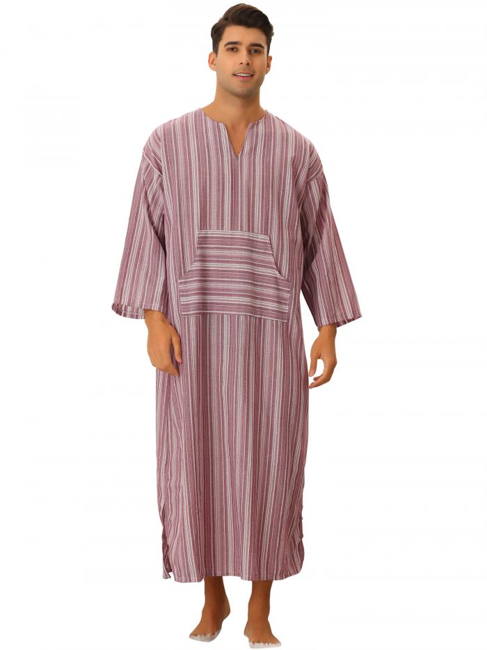 Lars Amadeus パジャマ ストライプ ナイトシャツ ルーズフィット 軽量 長袖 ガウン ポケット付き メンズ レッド S