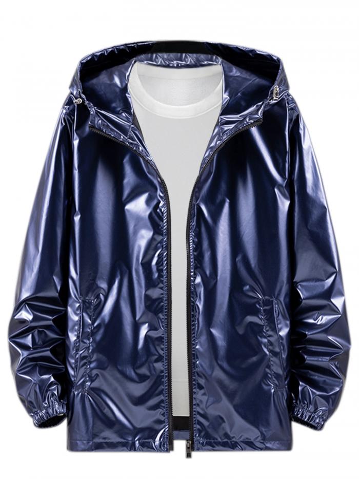 Lars Amadeus メタリック シャイニー フーディーコート ジャケット メンズ ネイビーブルー 2XL