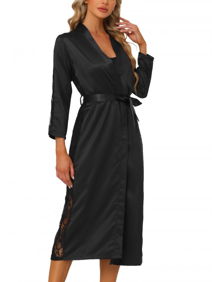 uxcell バスローブ サテン レーストリム 長袖 着物 ガウン ベルト付き 花嫁 結婚式 レディース ブラック XL