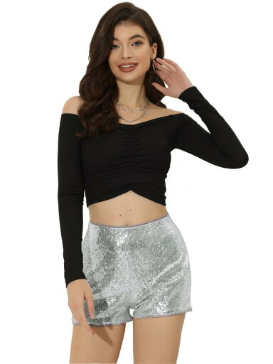 Allegra K クリスマス ショートパンツ ショーツ スパンコール 無地 ウエストゴム ダンス 派手 レディース シルバー XS Allegra K クリスマス ショートパンツ ショーツ スパンコール 無地 ウエストゴム ダンス 派手 レディース シルバー XS
