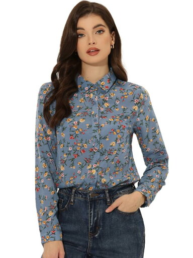 Allegra K 花柄シャツ ブラウス 長袖 おしゃれ ボタンダウン 通勤 オフィス カジュアル レディース グレーブルー XL Allegra K 花柄シャツ ブラウス 長袖 おしゃれ ボタンダウン 通勤 オフィス カジュアル レディース グレーブルー XL