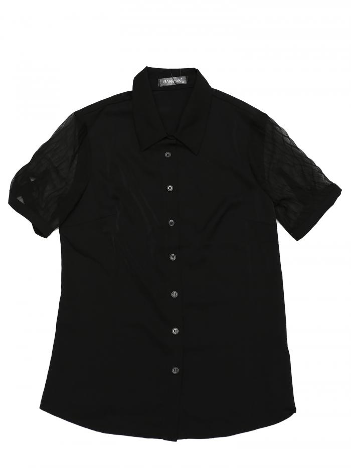 Allegra K ボタンダウンシャツ 通勤トップス 半袖ブラウス 薄手 シックスリーブ ポイントカラー レディース ブラック L