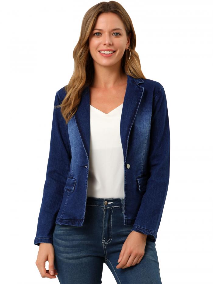 Allegra K ウォッシュド デニム ブレザー ジャケット ノッチ付きラペル ボタンアップ 長袖 レディース ブルー 3XL