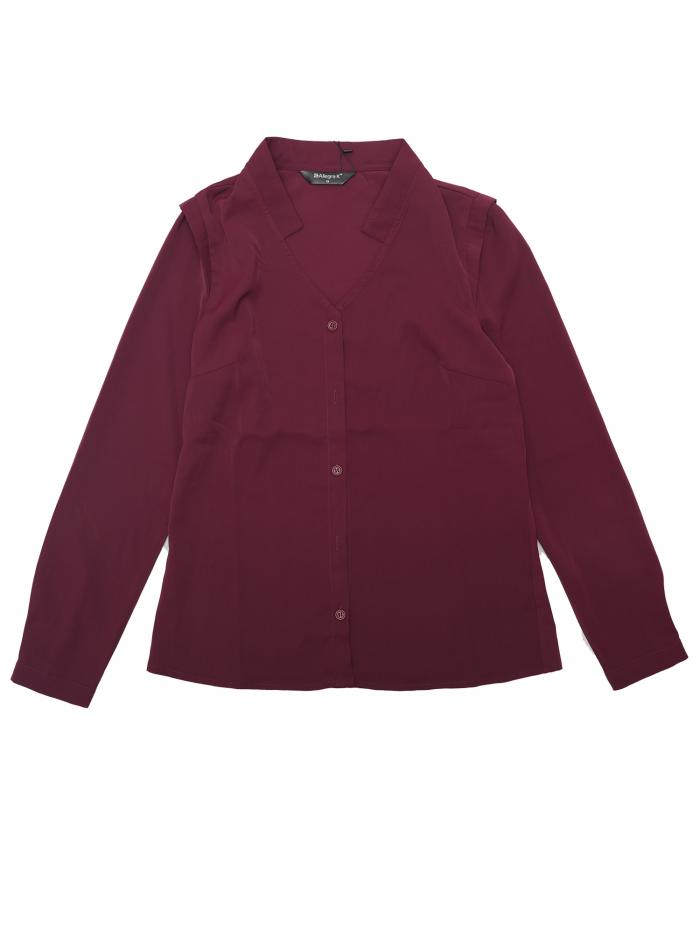 Allegra K シフォンブラウス シャツ Vネック ワーク オフィス ボタンアップ エレガント レディース 紫がかった赤 S