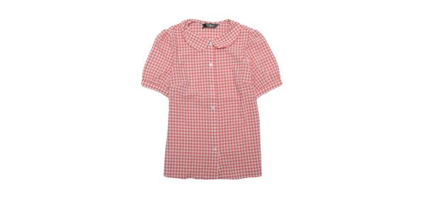 Allegra K チェックブラウス 丸襟 ボタンダウンシャツ パフ半袖 ギンガムトップス レディース ピンク S