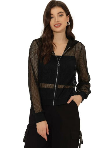 Allegra K 長袖ジャケット パーカー 無地 ジップアップ メッシュ シアー 通気性 ボンバー レディース ブラック S Allegra K 長袖ジャケット パーカー 無地 ジップアップ メッシュ シアー 通気性 ボンバー レディース ブラック S