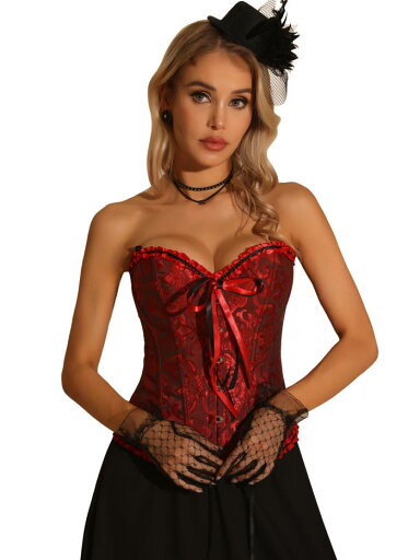 Allegra K ビスチェ レースアップ コルセット ストラップレス コルセット トップス レディース ブラックレッド L Allegra K ビスチェ レースアップ コルセット ストラップレス コルセット トップス レディース ブラックレッド L