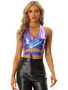 Allegra K クロップトップ タンクトップ ディープVネック ホログラフィック メタリック ホルターネック ハロウィン衣装 ストライプ レディース ブルーパープル XL