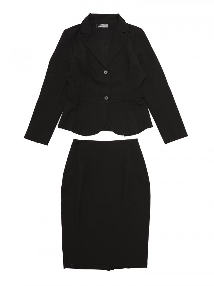 Allegra K スカートスーツ ビジネス 2ピース ブレザー ペンシルスカート セット 長袖 ノッチドラペル ペプラム レディース ブラック S(4)