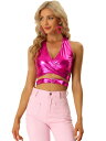 Allegra K クロップトップ タンクトップ ディープVネック ホログラフィック メタリック ホルターネック ハロウィン衣装 ストライプ レディース ホトピンク S