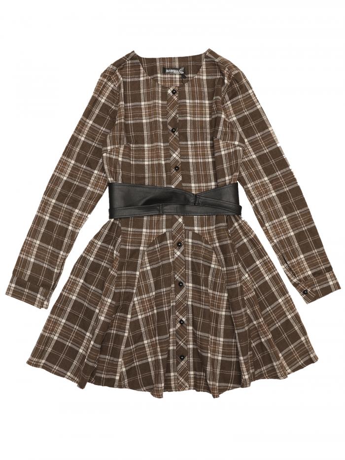 Allegra K チェック ワンピース Aライン フレア チェック柄 長袖 リボン ベルト 付き 可愛い レディース ブラウン XL(4)