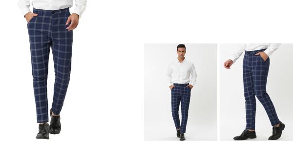 Lars Amadeus チェック柄 チノパンツ ロングパンツ スリム ビジネス ペンシルパンツ ポケット付き メンズ ブルー 38