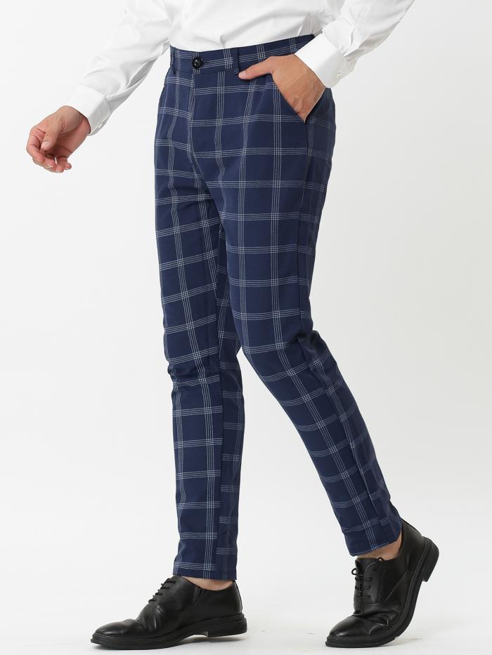 Lars Amadeus チェック柄 チノパンツ ロングパンツ スリム ビジネス ペンシルパンツ ポケット付き メンズ ブルー 38