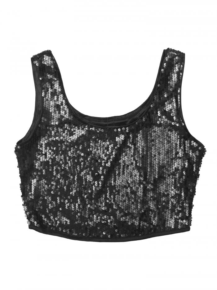 Allegra K クロップタンクトップ 衣装 ノースリーブ クラブウェア メタリック スパンコール ラウンドネック レディース ブラック XL