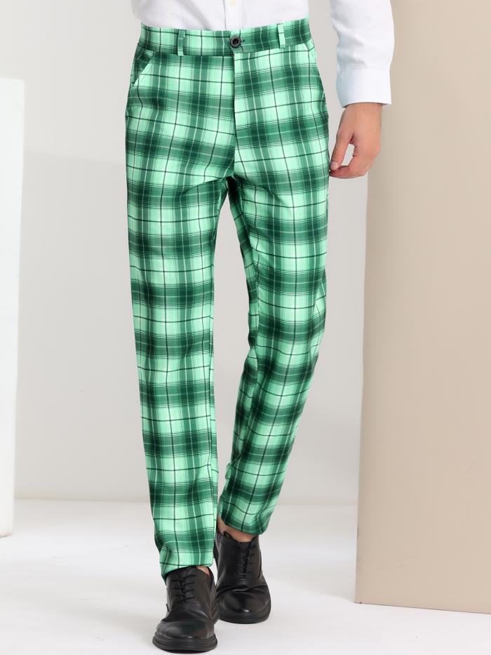 Lars Amadeus ロングパンツ カジュアルズボン チェック柄 レギュラー フィット フラット フロント 通勤 プロム メンズ ライトグリーン 28