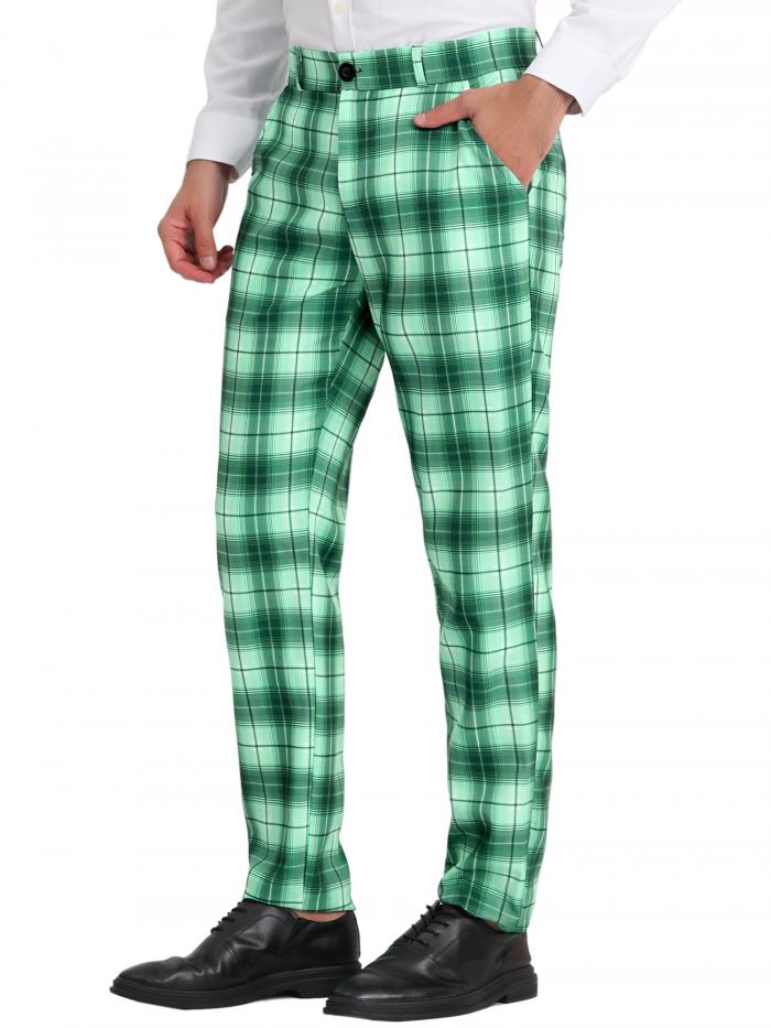 Lars Amadeus ロングパンツ カジュアルズボン チェック柄 レギュラー フィット フラット フロント 通勤 プロム メンズ ライトグリーン 28