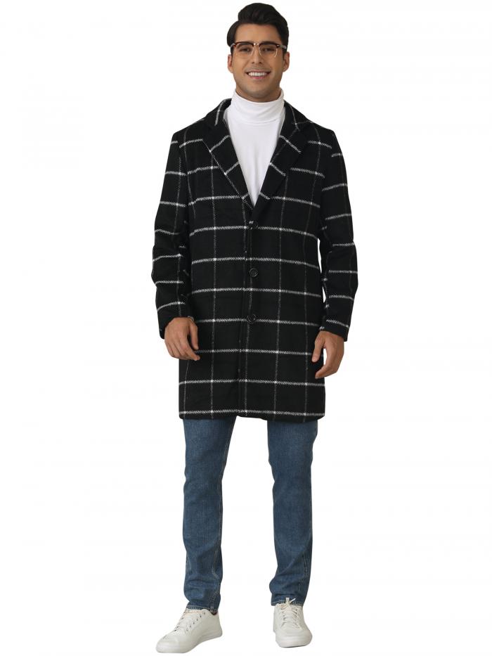 Lars Amadeus メンズ チェック柄 トレンチコート カラーブロック シングルブレスト フォーマル 冬用 チェック柄 オーバーコート ブラック L