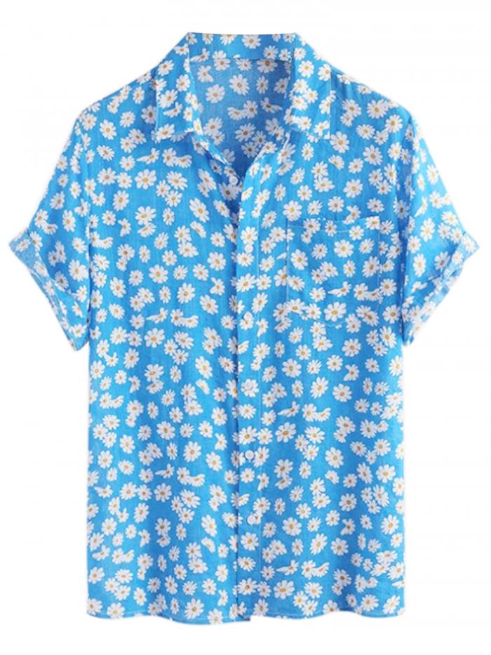 Lars Amadeus ハワイアンシャツ アロハ サマーシャツ デイジー ひまわり 花柄 ボタン 襟付き 半袖 夏 ビーチ メンズ ブルー L