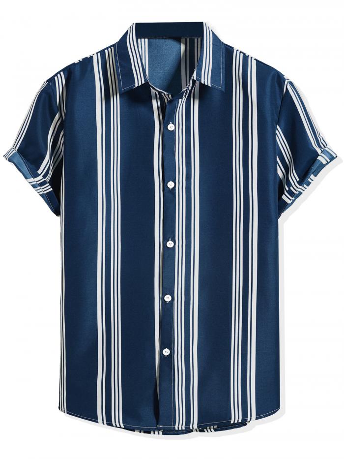 Lars Amadeus アロハシャツ ストライプシャツ サマートップス 縦縞 ポイントカラー 半袖 ボタンダウン メンズ ダックブルー L