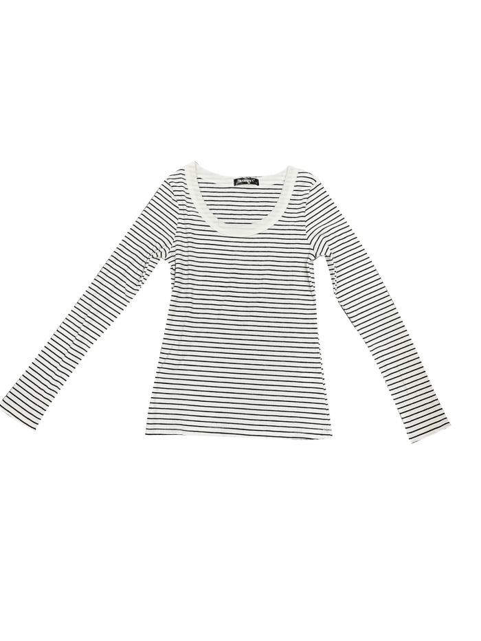 Allegra K レディース ストライプシャツ ストレッチ スクープネック 長袖 カジュアル ベーシックトップ ホワイト M