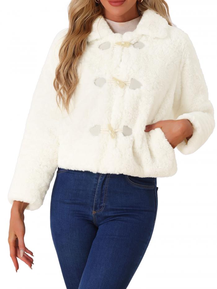 Allegra K レディース ファーコート ふわふわ襟 クロップド丈 冬 暖かい アウター カジュアルジャケット ホワイト S