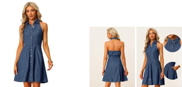 Allegra K デニムワンピース シャツドレス ホルターネック ノースリーブ ボタンダウン ジーンズ 夏 レディース ブルー 3XL