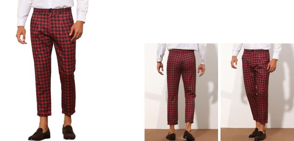 Lars Amadeus ロングパンツ クロップドパンツ チェック柄 千鳥格子 ドレスパンツ スリムフィット メンズ レッド 30
