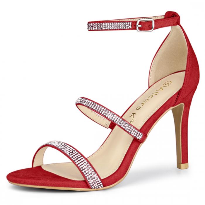 Allegra K ストラップ サンダル ラインストーン ハイヒール ピンヒール レディース レッド 25.5 cm