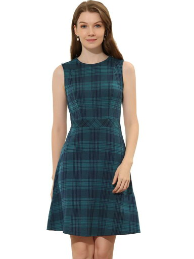 Allegra K フレア ニットワンピース 千鳥格子 チェック柄 ノースリーブ ショート丈 レディース ブルー XL Allegra K フレア ニットワンピース 千鳥格子 チェック柄 ノースリーブ ショート丈 レディース ブルー XL