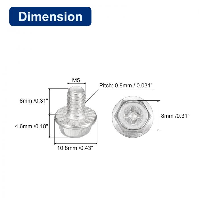 uxcell プラス六角頭フランジボルト M5x8 mm 304ステンレス鋼 六角プラスフランジヘッド 六角ボルト機械ネジ 10個 3