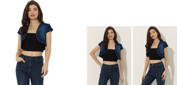 Allegra K クロップデニムボレロ カーディガン ジージャン ショット丈 スリム キャップスリーブ ジャケット カジュアル レディース ダークブルー XL