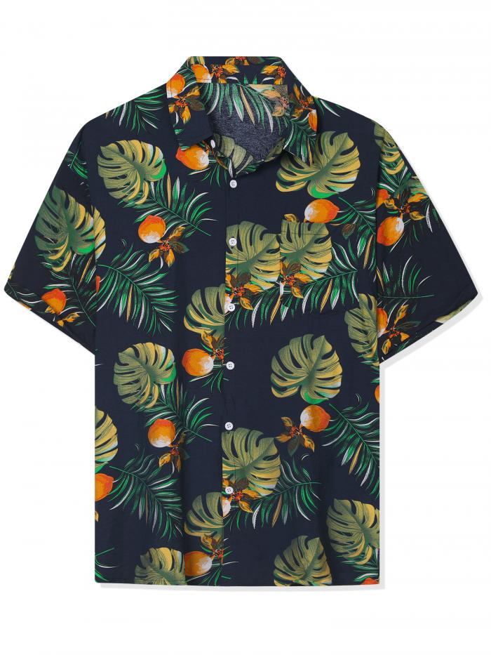 Lars Amadeus ハワイアンシャツ 夏 ビーチ 花柄シャツ 半袖 ボタンダウン メンズ ネイビーグリーン S
